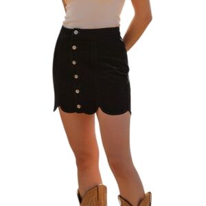 Corduroy Button-Front Mini Skirt XS Dark Brown/Black Scalloped Hem